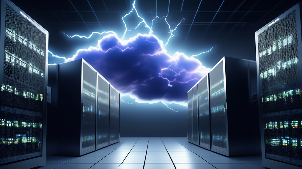 A group of servers running in a data center with a lightning bolt cloud above them representing the backup services.