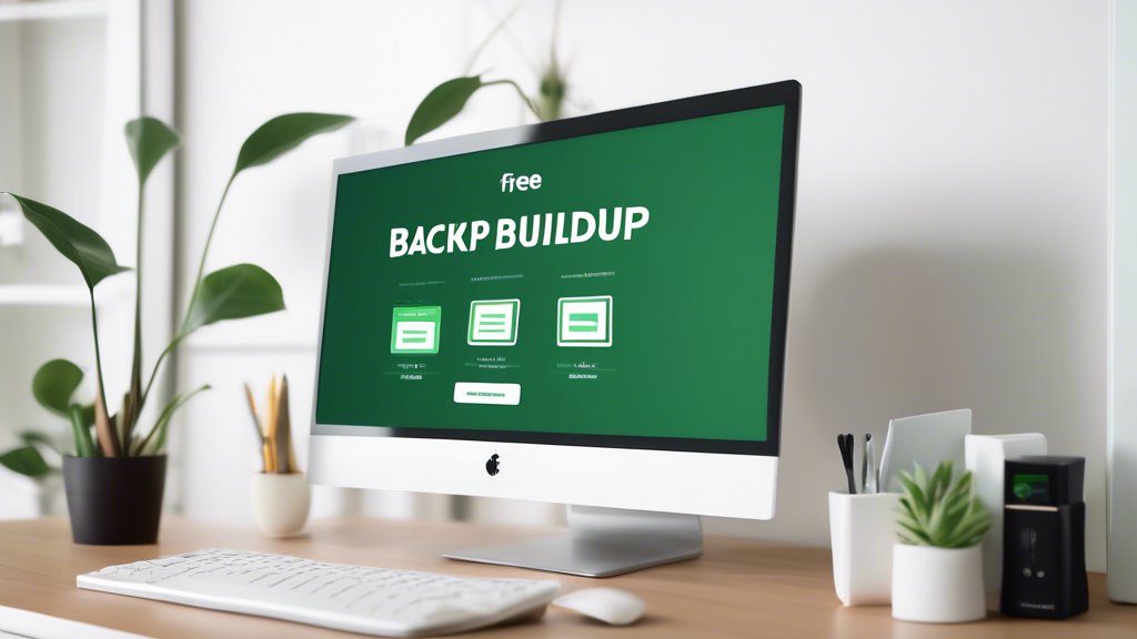 A computer monitor showing a website builder with a variety of hosting options and a large green button that says Free Backup