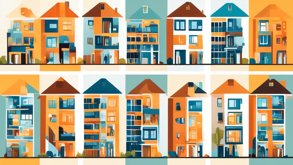 A collage of images or icons that represent affordable student housing options for 2024, such as shared apartments, dormitories, and low-income housing.