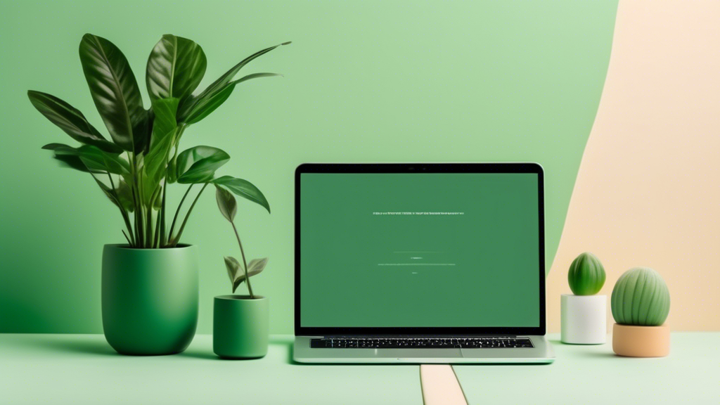 A photo of a minimalist website with a green colour scheme, with a laptop and plant next to it.