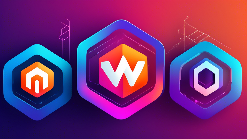 An illustration of several Magento hosting providers as abstract logos, each with their unique colors and designs, arranged on a gradient background with a