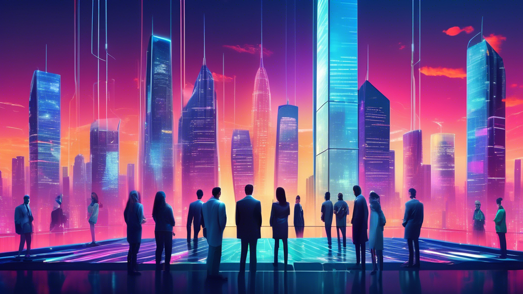 A futuristic cityscape with skyscrapers representing shared business hosting providers in 2024, towering over the horizon, interconnected by a network of d