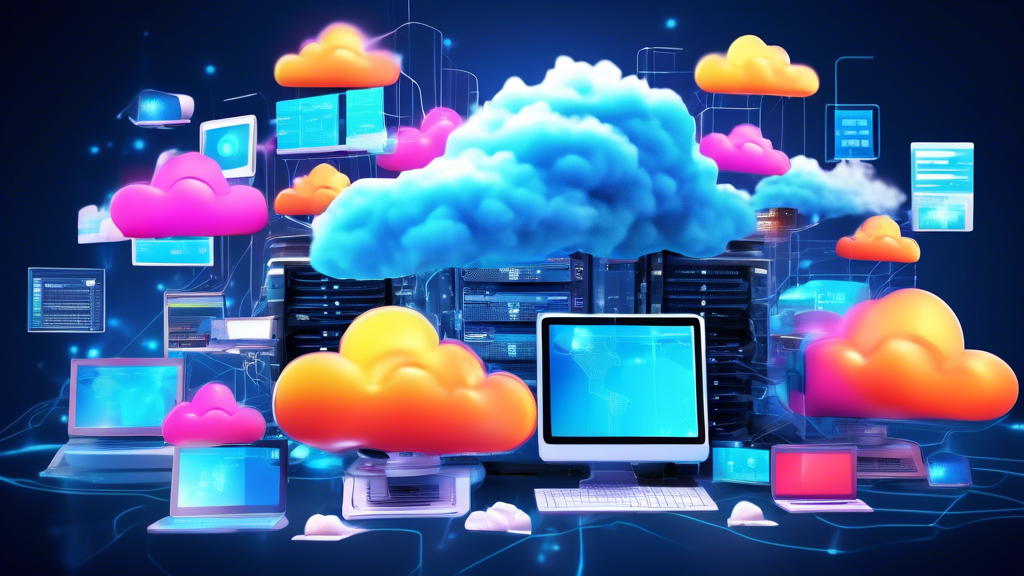 A vibrant and futuristic collage featuring cloud computing, virtual machines, and various types of cloud hosting services, with a focus on VPS Private Clou