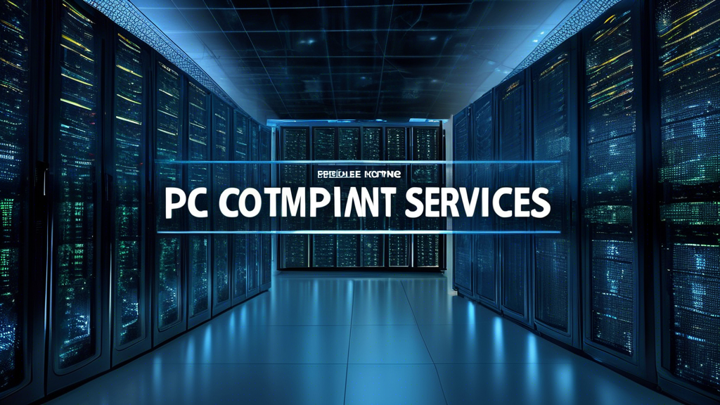 A company logo beside the text Reliable PCI Compliant Hosting Services! on a display screen in a data center with rows of servers running in racks.