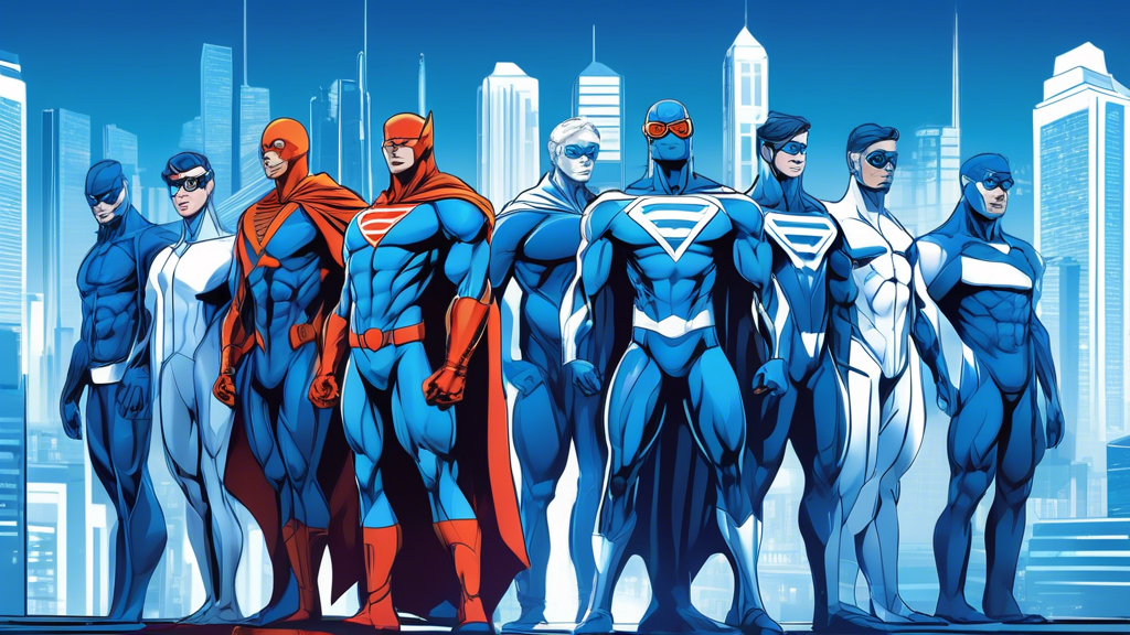 A futuristic representation of a group of top PCI compliant hosting providers. They are shown as superheroes standing in front of a cityscape with a blue a