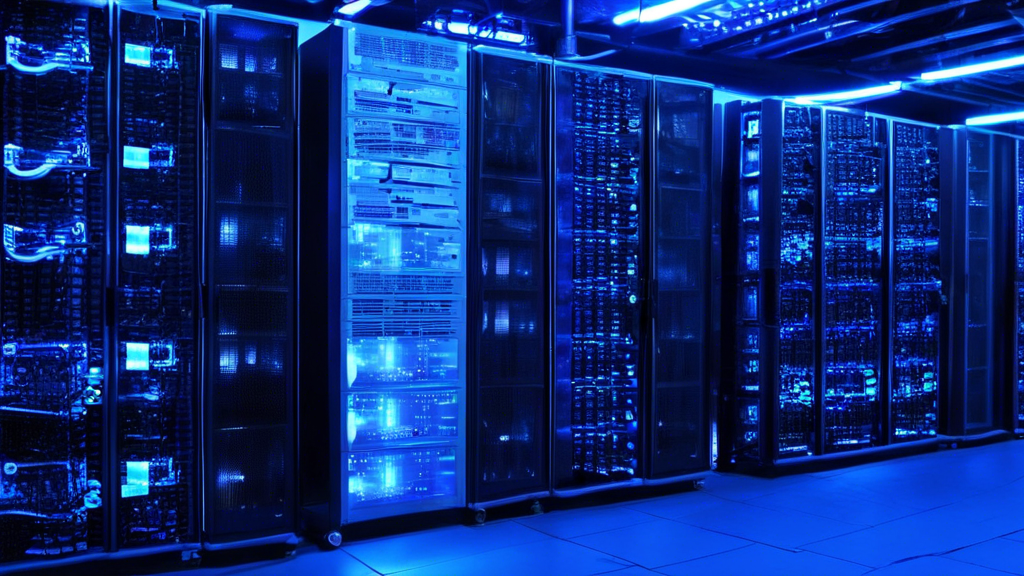 A server room with racks of servers and network equipment, glowing with blue and white lights. The words PCI Compliant Hosting Services are displayed on a