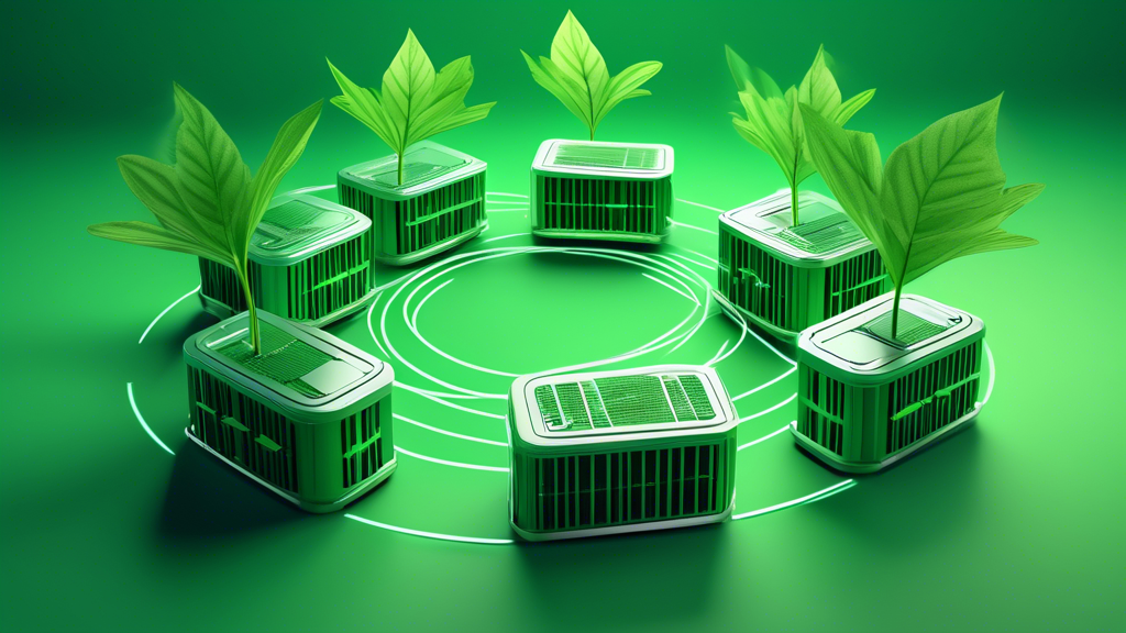 Create an image of a group of servers with a green leaf growing out of the top of each server. The servers are arranged in a circle and are connected by gr