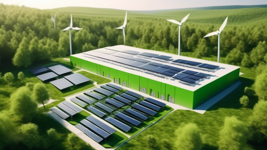 Green data center with rows of servers running, surrounded by nature, wind turbines and solar panels outside.