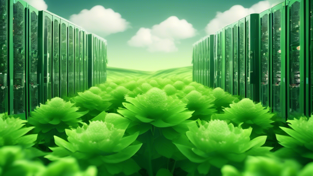 A lush green field with a cluster of eco-friendly servers in the middle, representing green CMS hosting.