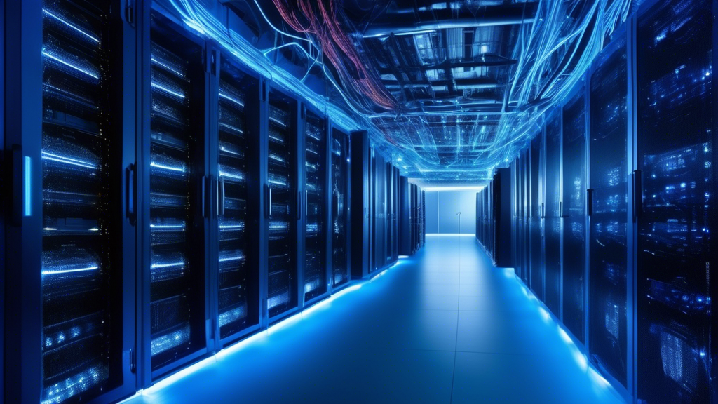 A panoramic view of a data center with racks of servers running on Free SSL, managed by a private cloud hosting service. The servers are glowing with a blu