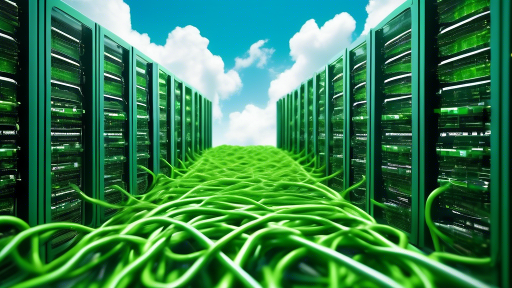 A lush, verdant field of servers, each representing a different green CMS hosting option. Each server is branded with the logo of its respective company, a