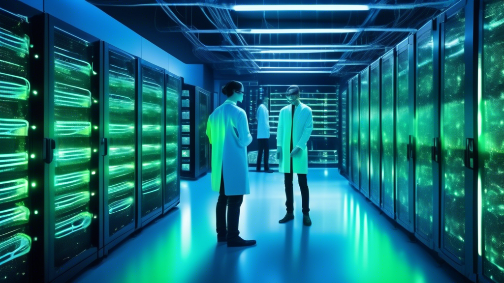 A sleek and modern server room with rows of fast and powerful PCI compliant hosting servers. The servers are colored in a futuristic gradient of blue and g