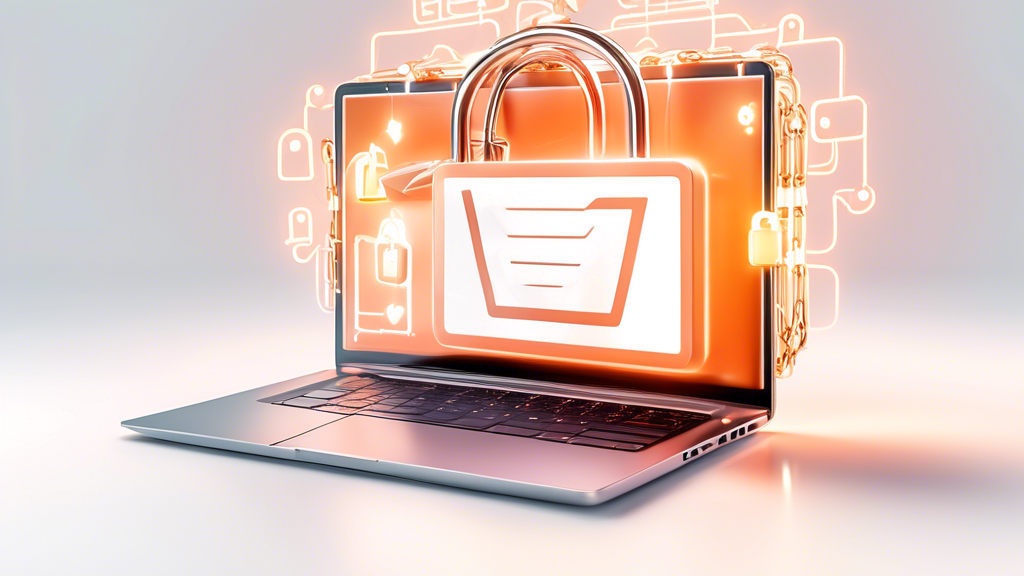 A glowing, modern laptop with the Magento logo on the screen on a white background, surrounded by hovering, rotating padlocks and security checkmarks.