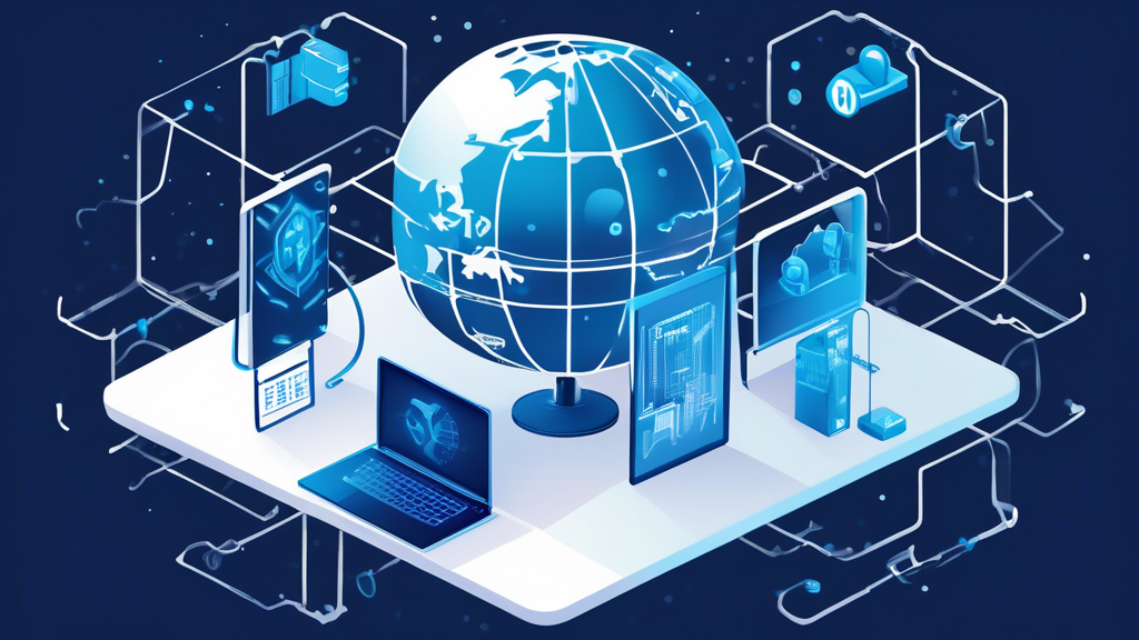 An illustration of secure offshore hosting, with a globe showing data being transferred from a laptop to a server in a secure location, surrounded by eleme