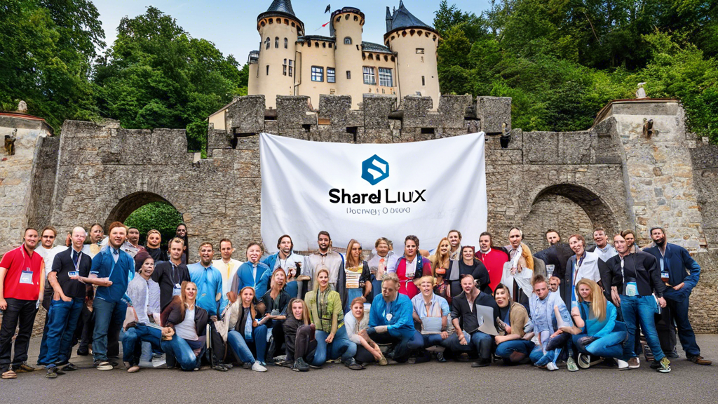 A group of smiling shared Linux hosting providers standing in front of a castle-like building with a banner that says Shared Linux Hosting Providers Unveil