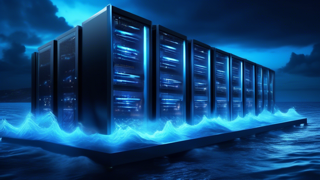 A rack of high-performance servers in a data center located on a remote island, surrounded by ocean waves crashing against the shore. The servers are glowi