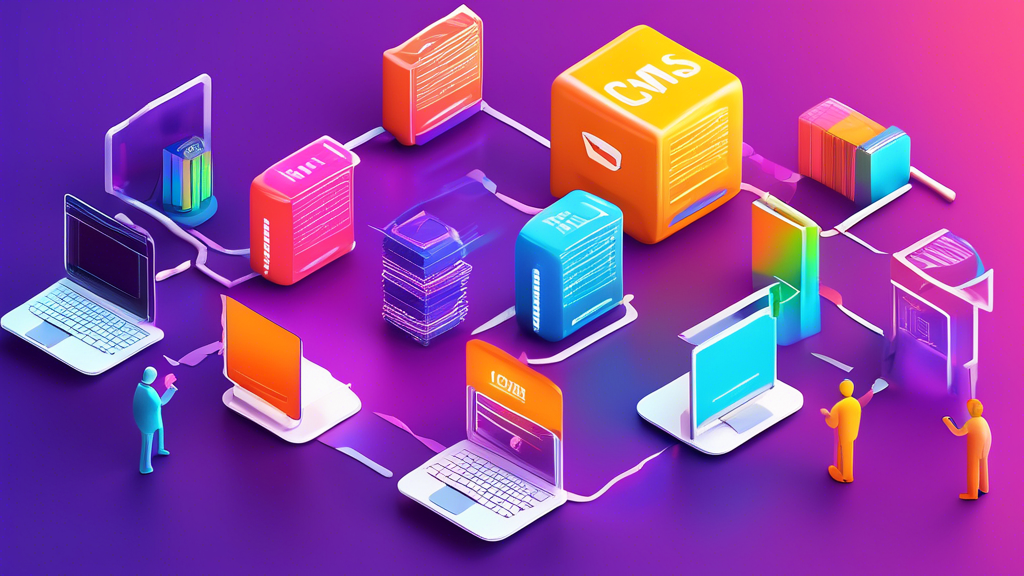 A colorful 3D illustration showing different web hosting providers that share a common CMS, demonstrating their unity and collaboration in providing hostin