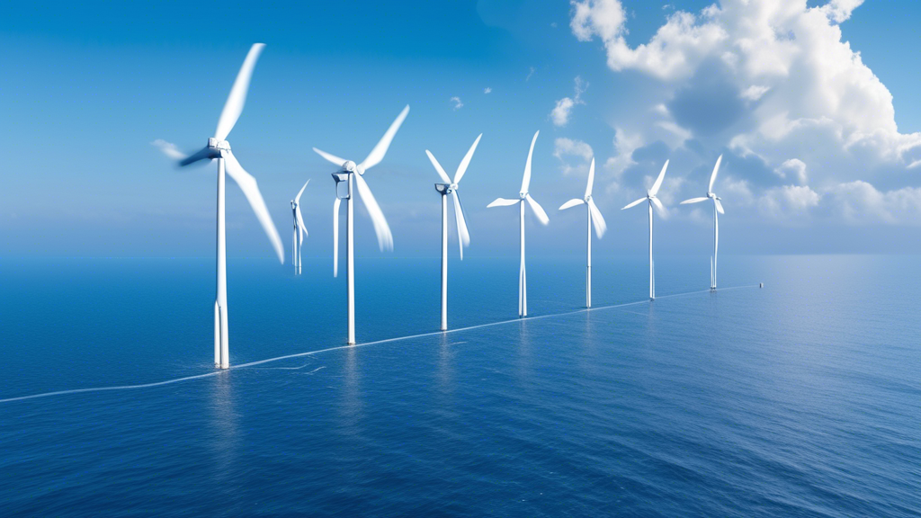 A group of offshore wind turbines located in the middle of a blue ocean under a blue sky, connected to a cloud-shaped server hub.