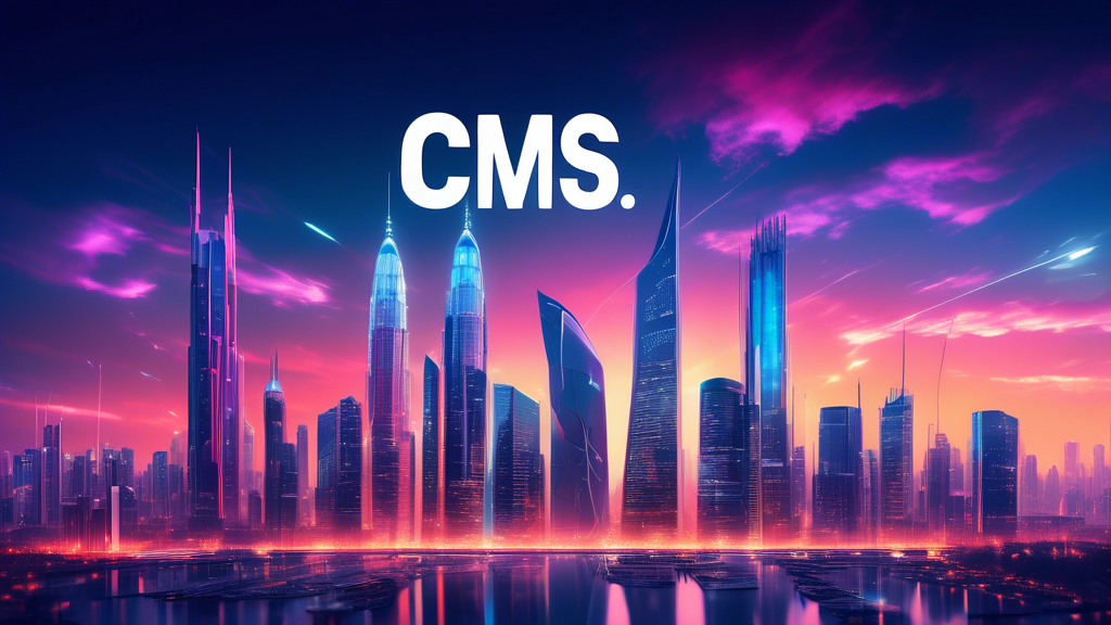 A futuristic cityscape with towering skyscrapers and a radiant, vibrant sky. At the center, a large digital display showcases the text Top CMS Hosting Prov