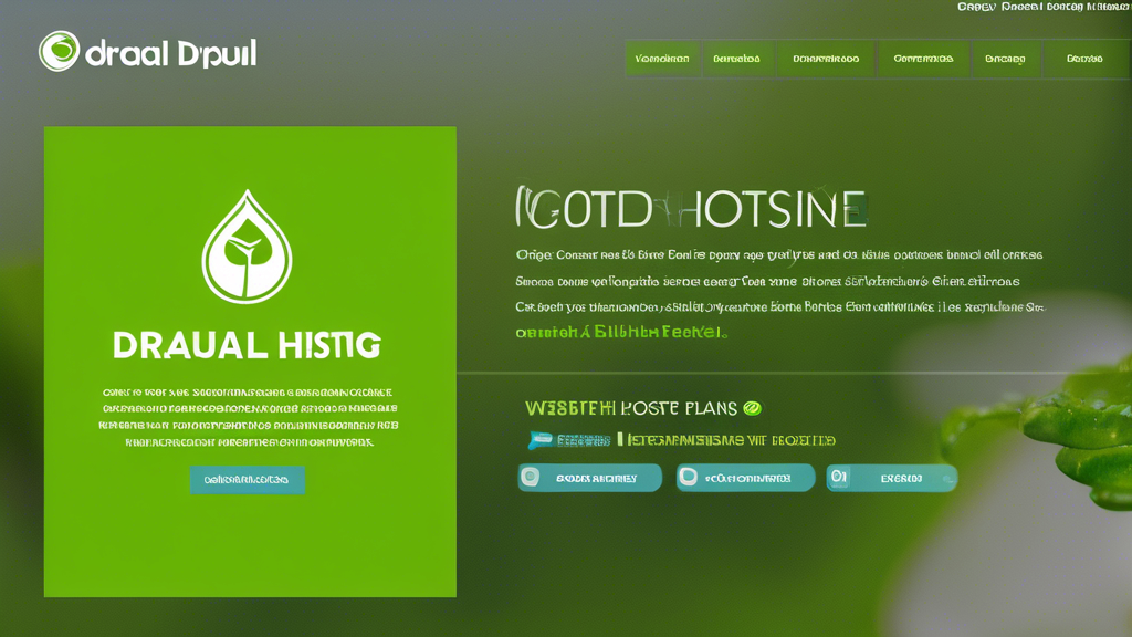 A green Drupal website hosting page with a clean and modern design, showcasing the best options for environmentally friendly hosting. Include a variety of