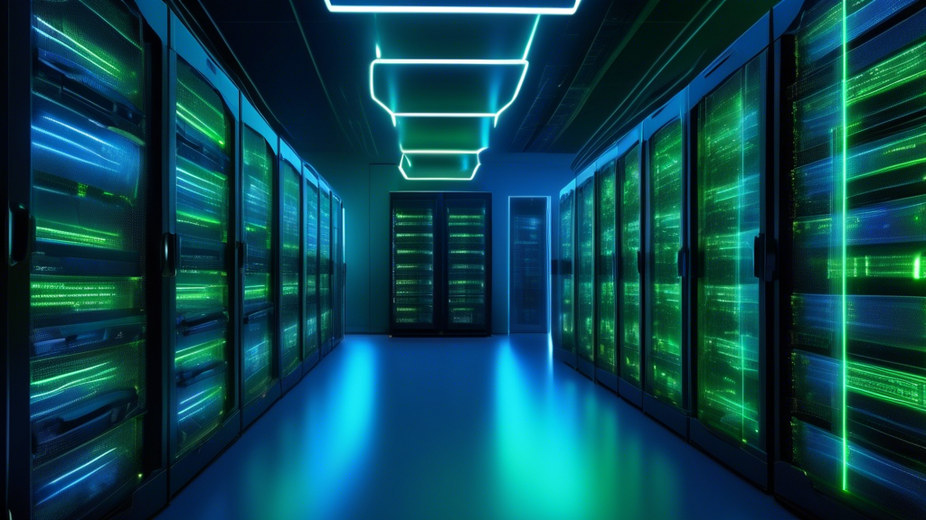 A sleek and modern server room filled with racks of servers, glowing with blue and green lights, representing the secure hosting environment for developers