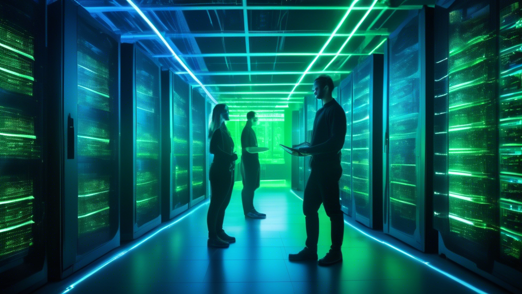 A futuristic server room with rows of racks filled with glowing servers. The room is bathed in blue and green light. In the foreground, a group of IT profe