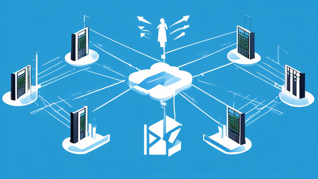 A group of servers working together to provide website hosting, with arrows connecting them, with arrows indicating bandwidth being shared among them, agai