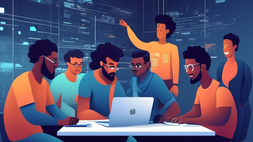 An image of a group of developers working together on a web development project, with shared hosting resources in the background. The developers should be