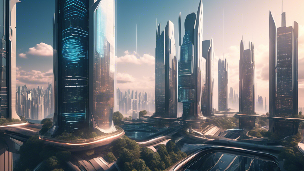 A futuristic cityscape with skyscrapers and data centers, representing the future of private cloud hosting in 2024.