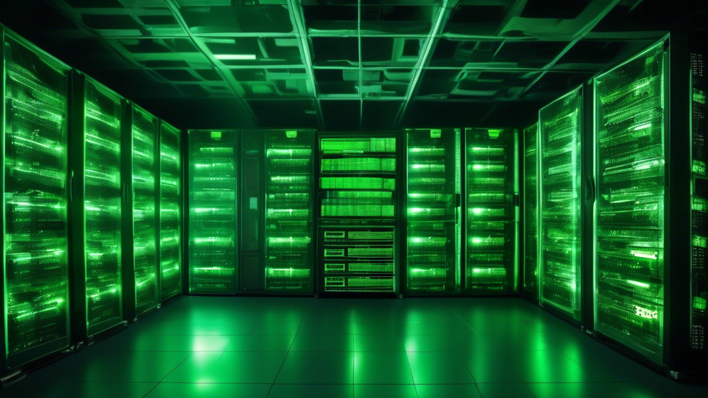 A panoramic view of a server room filled with racks of servers, each adorned with a green DDoS Protected label. The room is dimly lit and has a futuristic