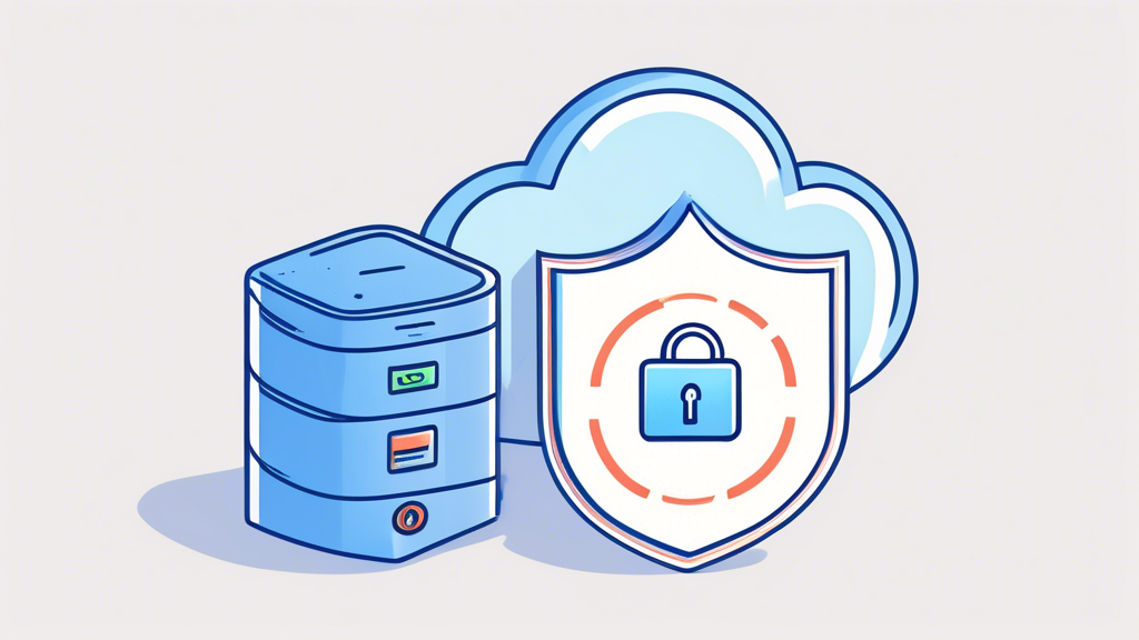 An illustration of a secure server with a shield and a cloud icon, showing free backup and security features.