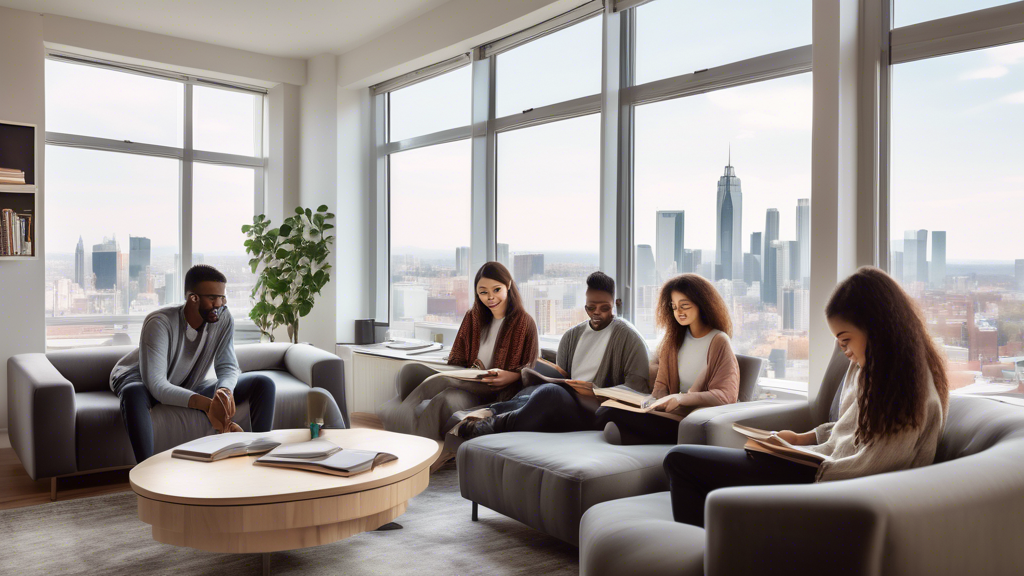 A group of students studying together in a clean, modern apartment with a large window overlooking the city skyline. The apartment is furnished with comfor