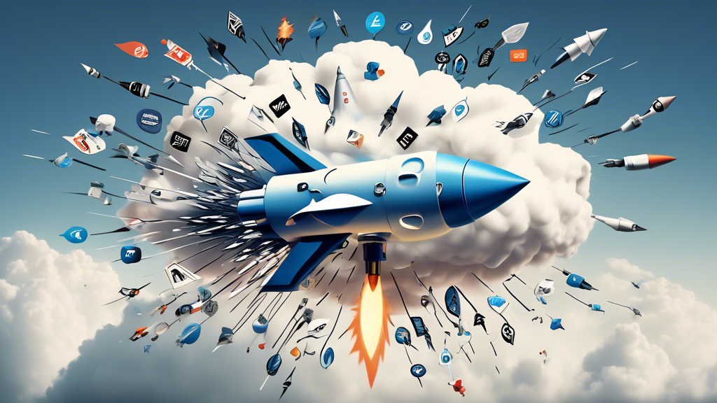 A lightning bolt shaped rocket ship bursting through a cloud of Drupal logos