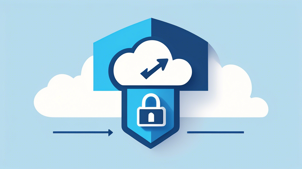 A minimalist illustration of a secure server with a shield overlaying it, symbolizing reliable hosting. Beside it, a smaller cloud icon with an arrow point