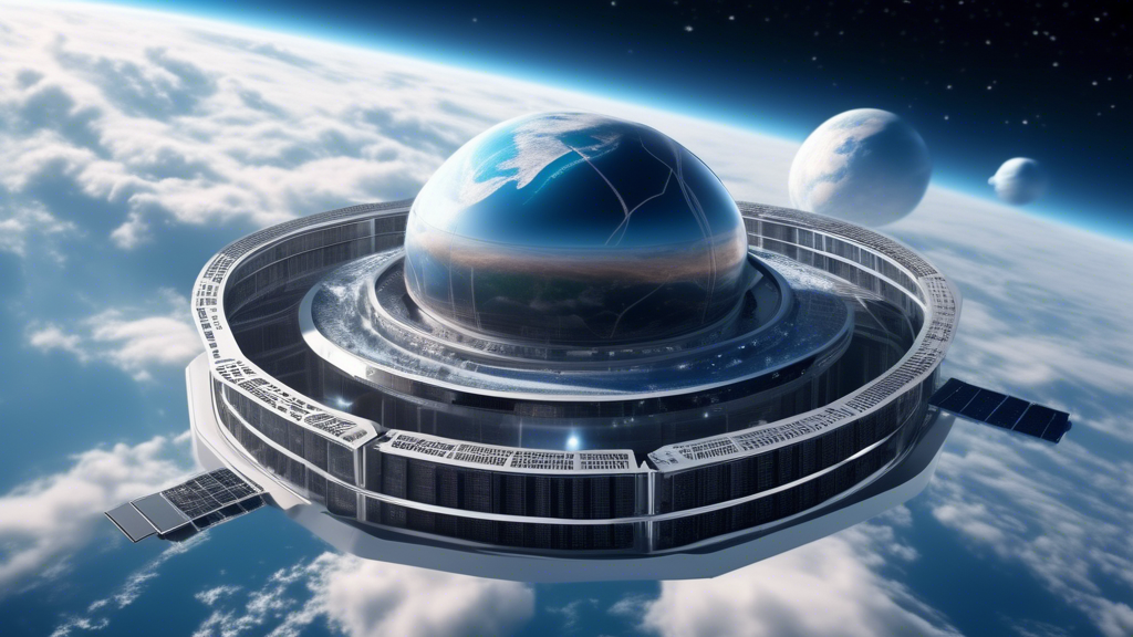 A spaceship-shaped data center hosting fast private clouds in space, with the Earth in the background