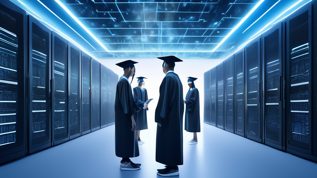 Surreal depiction of a futuristic data center with servers resembling students in graduation caps, representing top student hosting providers for 2024.