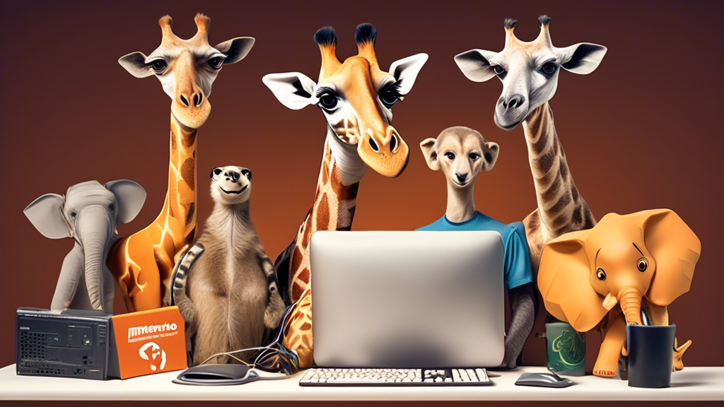 A group of diverse animals (giraffes, elephants, meerkats, etc.) are running a race on their computers, with the finish line being a Magento logo in the di