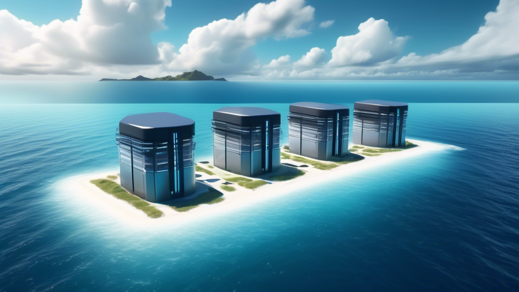 A futuristic offshore data center on a remote island, surrounded by the vast ocean, with sleek servers and advanced technology, showcasing the cutting-edge