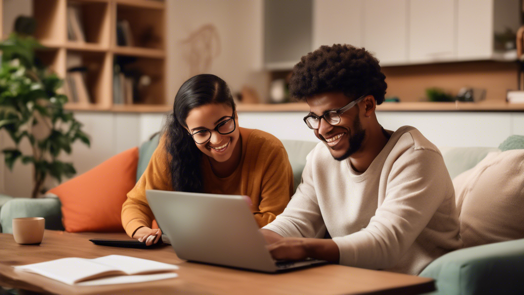 A student is sitting at a laptop in a comfortable living room, with a friendly host providing assistance. The image should convey a sense of reliability, c