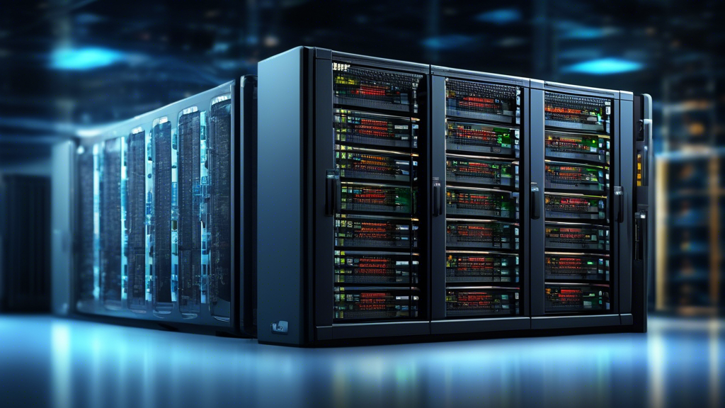 **DALL-E Prompt:** Create an illustration of a server rack filled with high-performance servers with the phrase VPS Bandwidth Optimized Hosting displayed