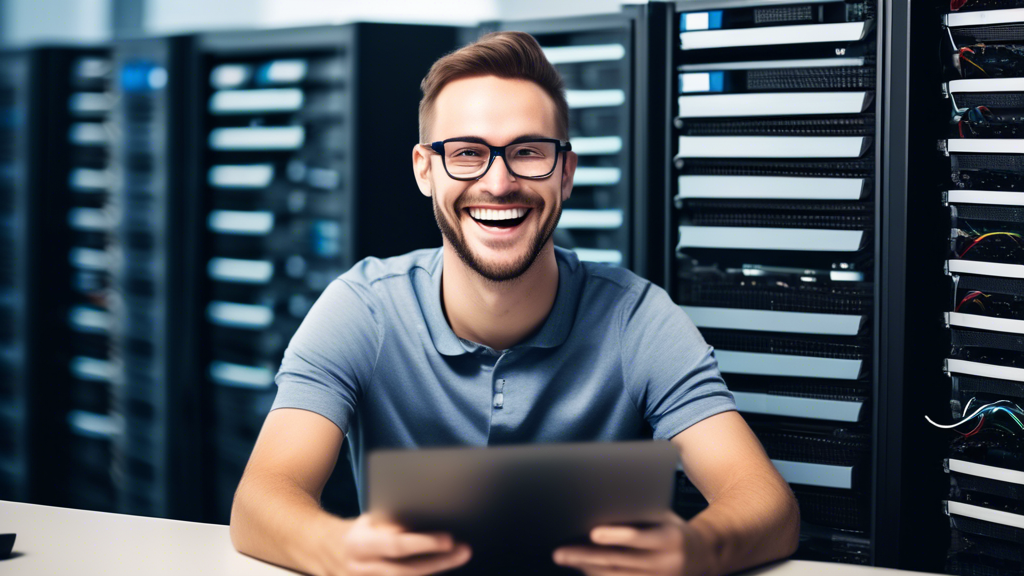 A happy system administrator managing a Plesk hosting account with a big smile on his face.