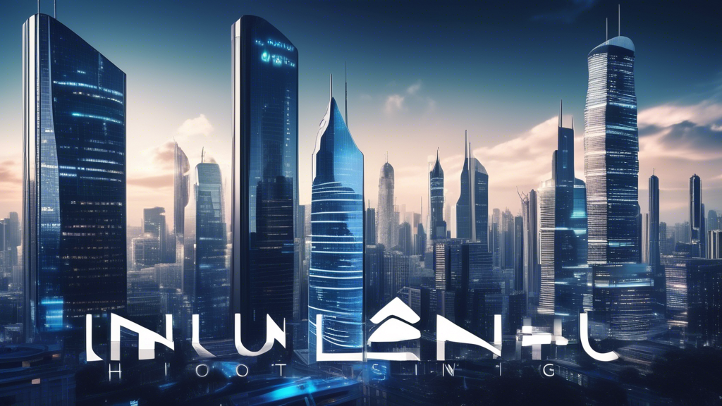 A sleek and modern cityscape with towering skyscrapers, each representing a Linux hosting provider. The buildings are branded with the logos of the top Lin