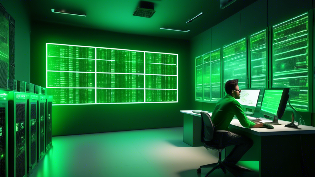 A server room with bright green servers and blinking lights, with a help desk operator sitting in front of a large screen with a live chat window open, ass