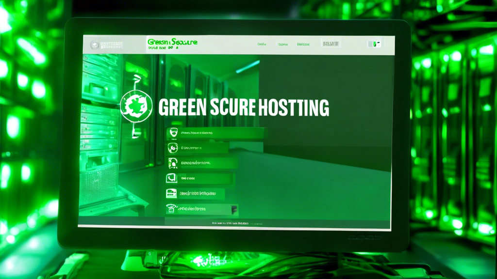 A computer screen displaying a website with a green banner that says Green Secure Hosting: Best Choices! In the background, a server rack is shown in a dat