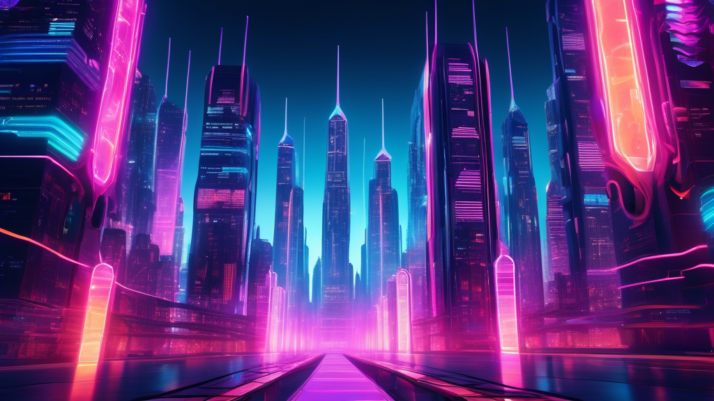 A vibrant and futuristic cityscape with towering skyscrapers adorned with neon lights and secure servers representing the reliability of hosting services i