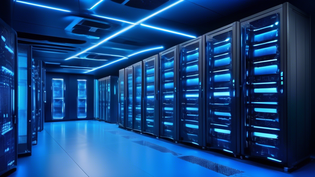 A sleek and modern server room with multiple rows of rack-mounted computers illuminated by a blue glow, representing the top Windows hosting providers for