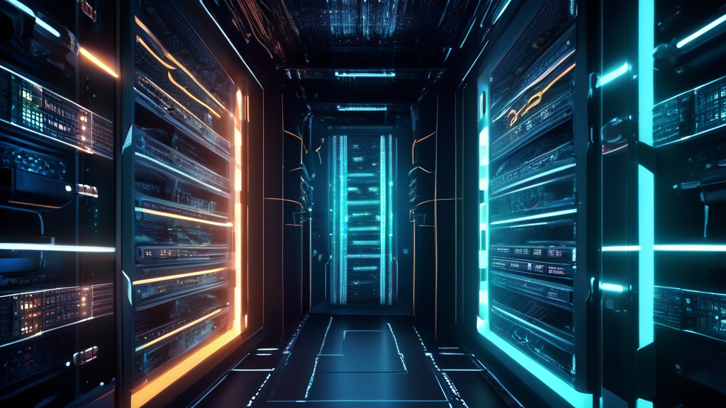 A futuristic computer server with glowing lights and intricate circuitry, symbolizing affordable PCI compliant hosting options.