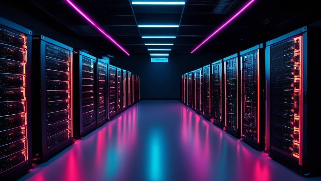 Rows of computer servers in a modern data center with a cost-effective neon sign in the foreground.