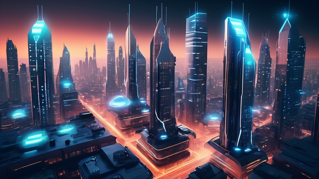 A futuristic cityscape with skyscrapers and glowing lights representing managed hosting with 24/7 support for ease, with a robot assistant hovering in the