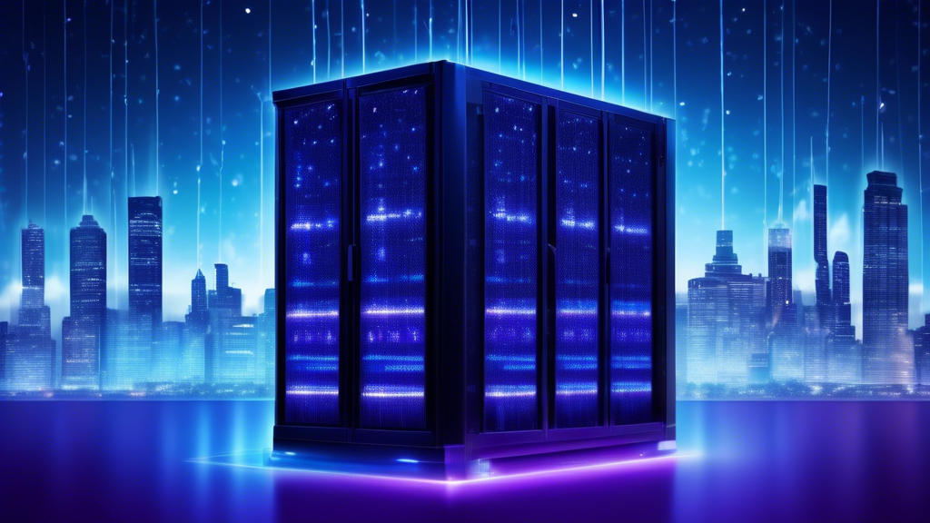 A lightning-fast server rack beaming with blue light. The server rack is hovering above a skyline of skyscrapers, casting its blue light down upon them. Th